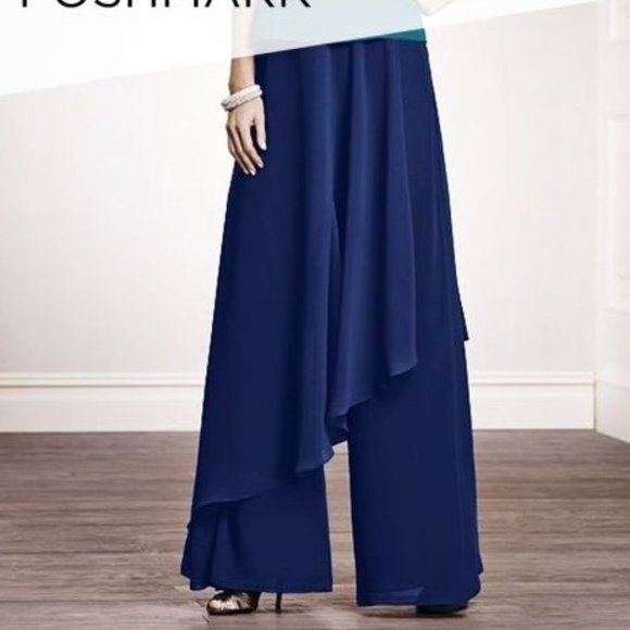 LIGHT GREY-BLUE NEW Skirted Dressy Pants, Flowy Light Chiffon, Mother o-Bride, - Picture 1 of 9